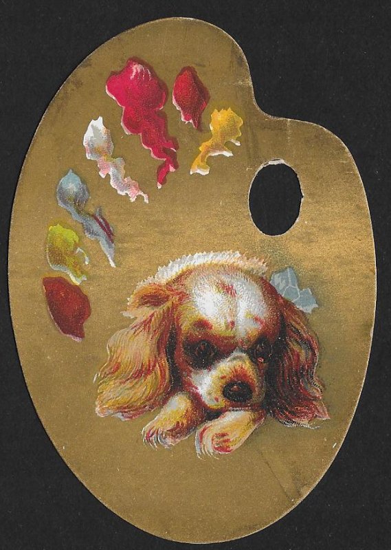 VICTORIAN TRADE CARDS (3) Stock Cards Cute Dogs on Diecut Palettes of Paint