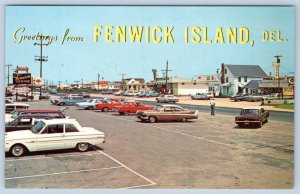 1950-1960's GREETINGS FROM FENWICK ISLAND DELAWARE POSTCARD CLASSIC CARS SIGNS