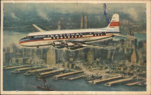 National Airlines Jet Airliner Flying Over New York City NYC Vintage Postcard