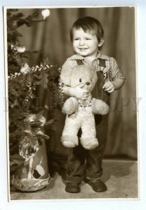 3086953 NEW YEAR Boy & TEDDY BEAR Toy Old REAL PHOTO