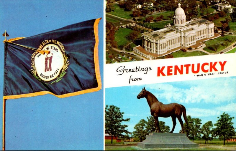 Greetings From Kentucky With State Capitol State Flag and Man O' War Statue