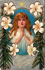 Embossed Easter Postcard Little Girl Praying Easter Lily~138698