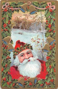 J70/ Santa Claus Christmas Postcard c1910 Gold Bells Holly Snow 25