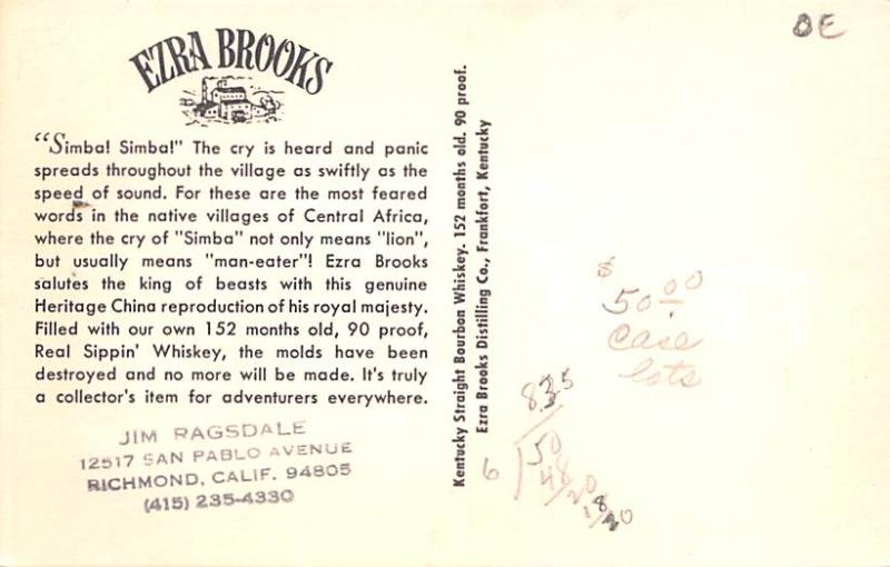 Ezra Brooks Liquour Advertising Writing on back 