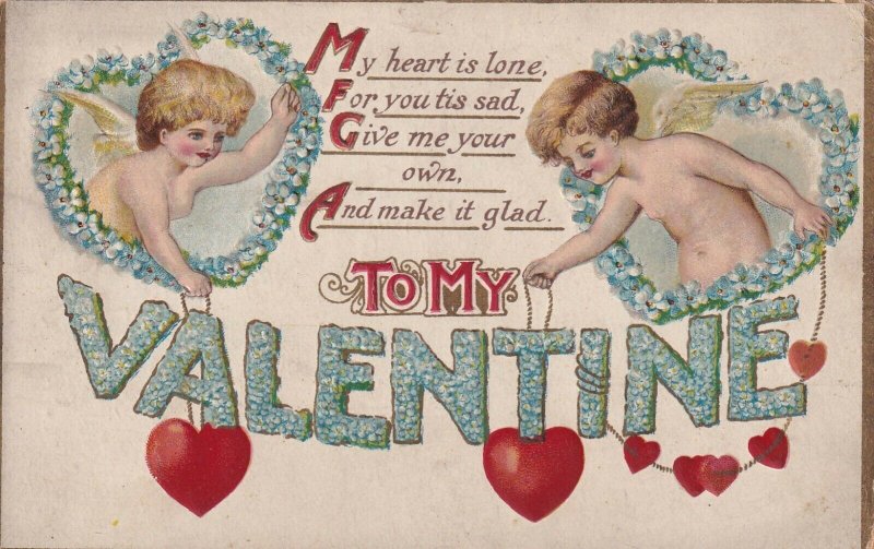 VALENTINE, PU-1910; Cupids holding up red hearts, Forget-Me-Nots, Rhyme