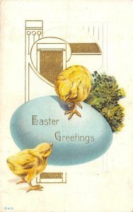 Holiday  EASTER GREETINGS  Blue Egg~Lightly Embossed Chicks  1913 Postcard