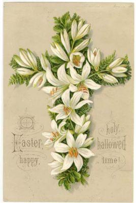 Vintage Embossed Easter Card, WHITE LILIES ON CROSS