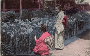 Japanese Women Horkiri Iris Garden Tokyo Japan Colorized Postcard 1918