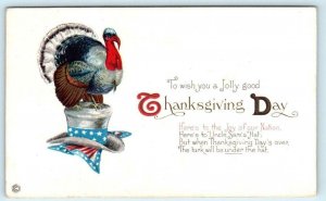 Patriotic Jolly Good THANKSGIVING DAY Embossed Uncle Sam's Hat c1910s Postcard