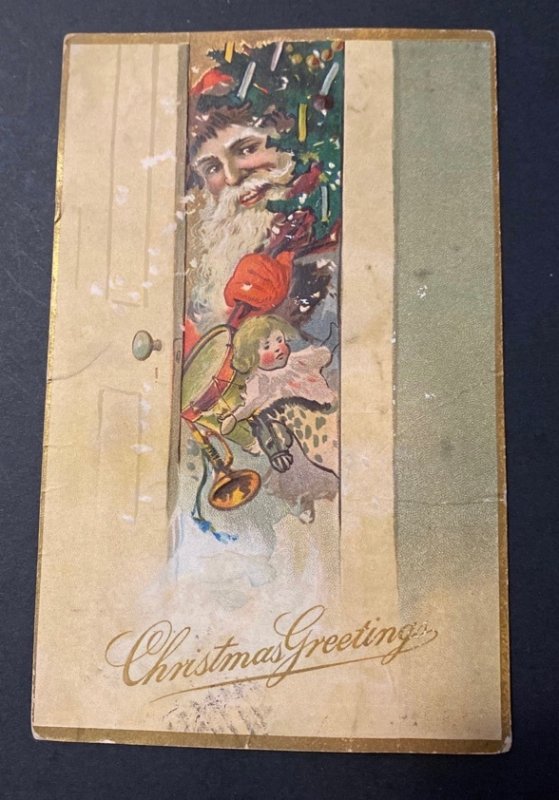 Antique Christmas Postcard Santa Open Door Big Bag Toys Victorian Tree c1909