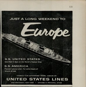 1956 United States Lines Travel Europe Ship S.S America Vintage Print Ad 2440