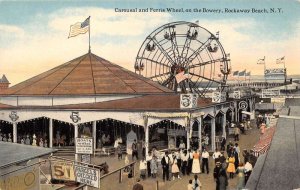 Rockaway Beach New York Carousal & Ferris Wheel,On The Bowery Vintage PC U7890