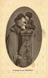 Vintage Postcard 1911 A Message For You XXXXXX  Man & Woman Kissing