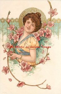 Art Nouveau, Unknown No 360-4, Woman in Yellow Dress with Pink Flowers