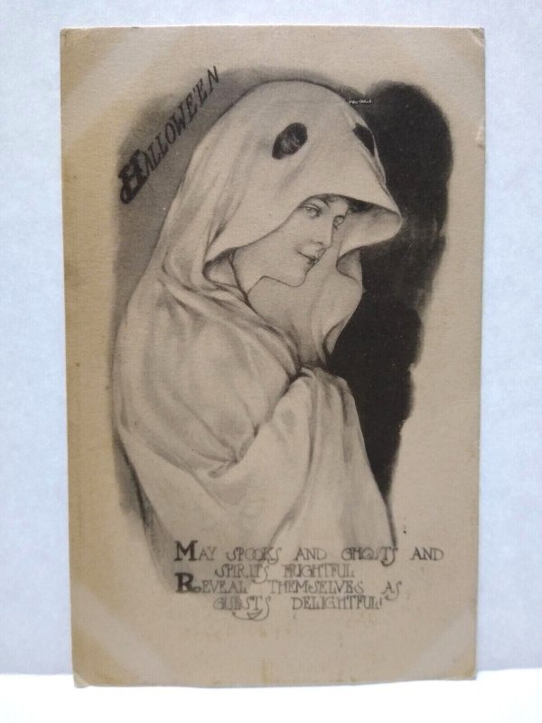 Halloween Postcard May L Farini Gothic Women In Cape Ghost Costume Spooks 1911 