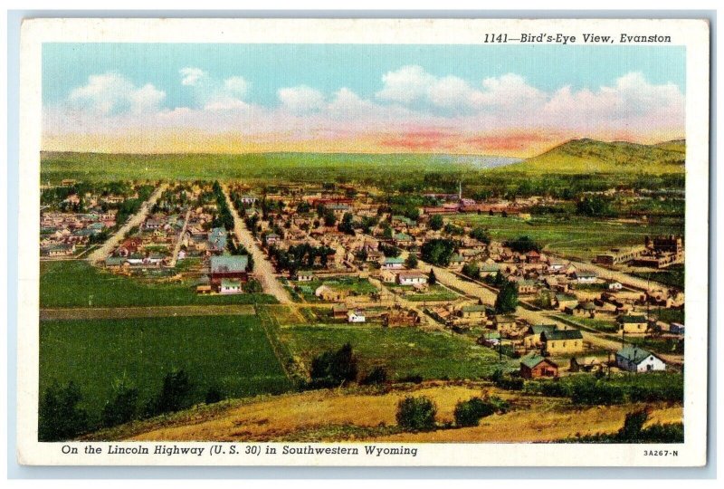 c1930's Bird's Eye View Evanston Wyoming WY, On The Lincoln Highway Postcard