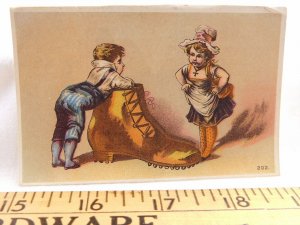 Victorian Trade Card Boy & Girl Large Shoe Flirtatious F25