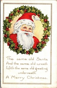 Christmas Postcard Cheerful Santa Claus Face in a Holly Wreath~4348
