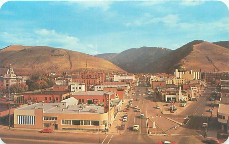 Missoula MT Main, Front  St,  Univ.of Montana View from Fox Theatre,Old Postcard