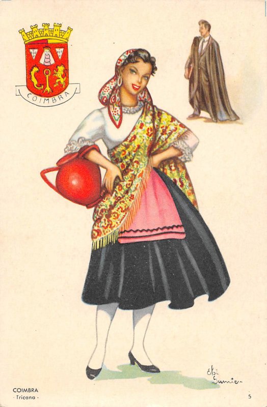 Woman Folk Dress Coimbra Tricana artist signed Gumier Portugal postcard