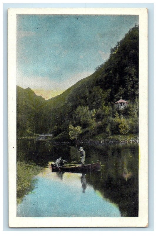 Scene Canoe Boy Fishing At White Mountains New Hampshire NH Antique Postcard