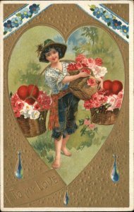 Valentine Cute Little Boy with Baskets of Hearts and Flowers c1910 Postcard