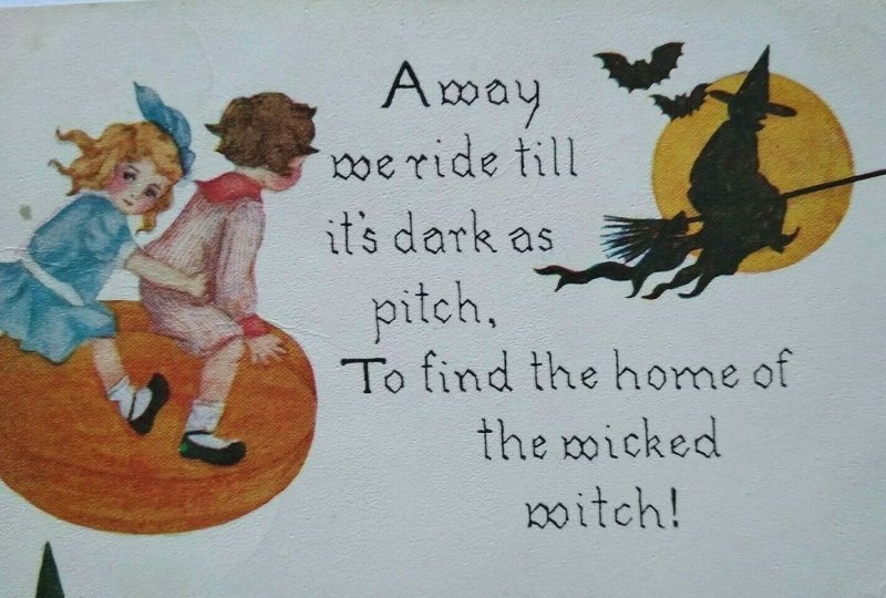 Vintage Halloween Postcard Kids Flying On Pumpkin Chases A Witch 857 FA Owen 