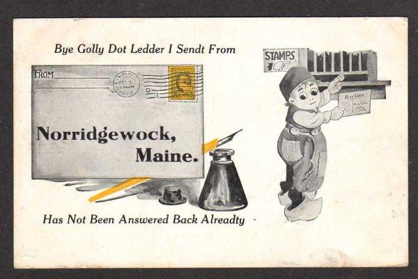 ME Vintage 1913 Pen & Ink Well NORRIDGEWOCK MAINE Postcard Dutch Boy PC