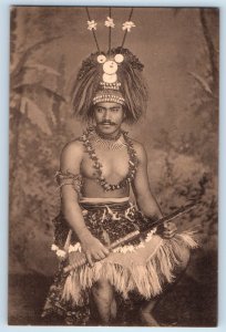 Samoa Postcard Chief with Weapon Greetings from Samoa c1930's Vintage Unposted