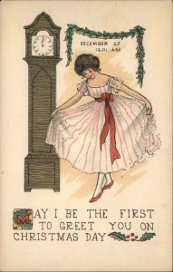 Gibson Christmas Pretty Woman Curtsies Grandfather Clock Vintage PC