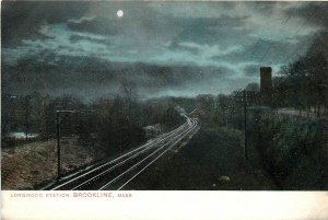 Postcard C-1910 Massachusetts Brookline Longwood Station Railway Night MA24-3059