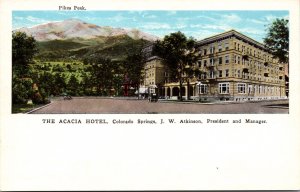 Postcard Pikes Peak Street Scene The Acacia Hotel in Colorado Springs, Colorado