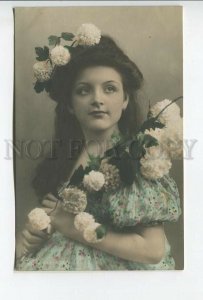 462408 Belle Girl in Flowers SPRING NYMPH Long Hair Vintage PHOTO postcard