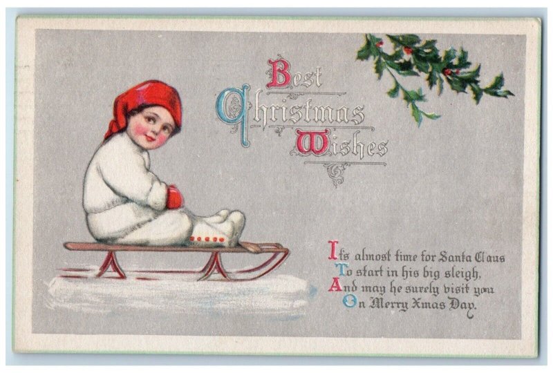 1918 Christmas Wishes Cute Boy Sled Winter Holly Berries Bozeman MT Postcard