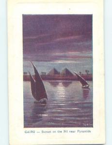 Old Postcard PYRAMIDS BEHIND NILE RIVER Cairo Egypt F5505