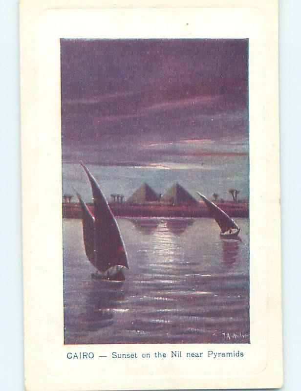 Old Postcard PYRAMIDS BEHIND NILE RIVER Cairo Egypt F5505