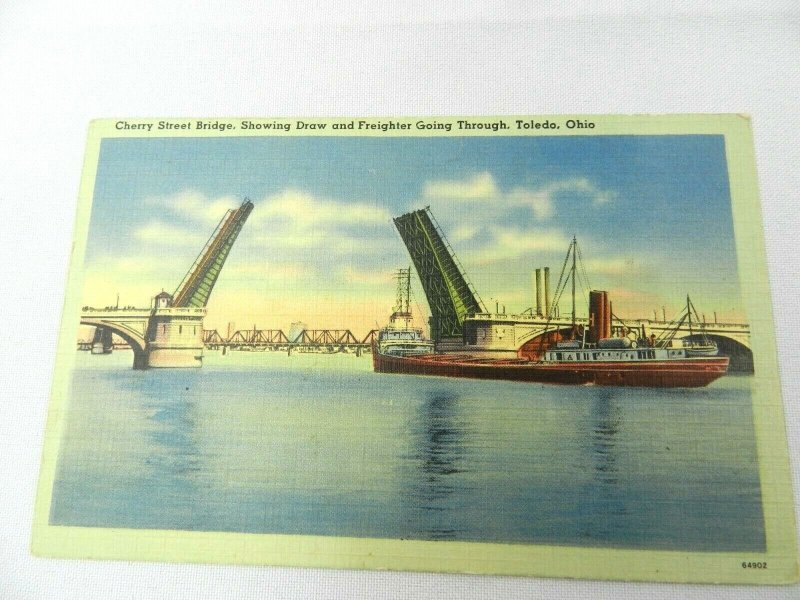 Postcard Toledo Ohio Cherry Street Bridge Showing Draw Bridge and Freighter 1937