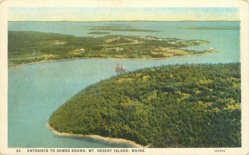 Mt Desert Island Maine Entrance to Somes Sound, Ship  WB Postcard