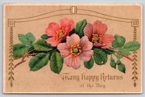 Flower Greetings~Happy Returns~Craft Sewn Pink Flowers~c1910 Vintage Postcard