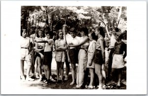 Green McCamp Students Learning Archery Real Photo RPPC Postcard