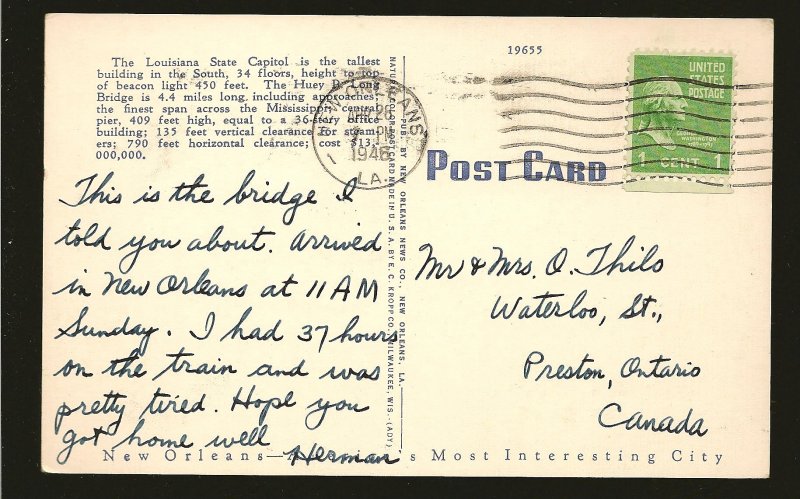 USA Postmark 1946 New Orleans LA Louisiana State Capitol Sen Long Linen Postcard