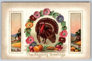 Thanksgiving Greetings, Turkey, Floral Wreath, Farm Scene, 1910 Meeker Postcard