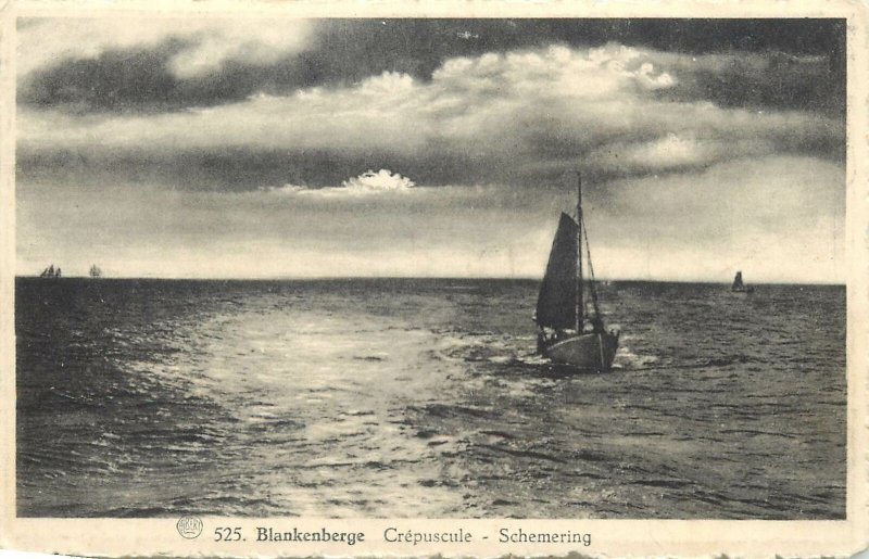 Postcard Belgium Blankenberge crepuscule Schemering sailship