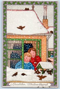 c1910's Christmas Children On Window Snow Winter Scene Birds Antique Postcard