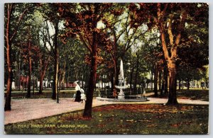 Third Ward Park Lansing Michigan MI Mother And Child Fountain Trees Postcard