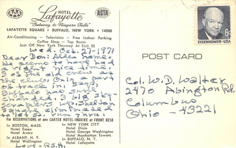 Buffalo New York 1971 Postcard Hotel Lafayette