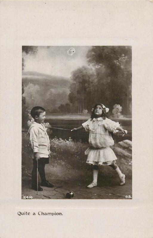 Diabolo children game vintage real photo postcards 