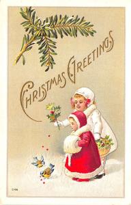 Christmas Greetings Girls Feeding The Birds Embossed Postcard