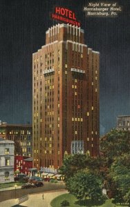 Vintage Postcard 1930's Night View of Harrisburger Hotel Harrisburg PA Hoffman