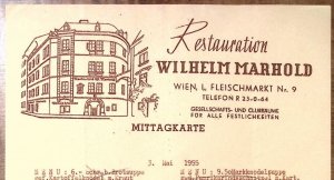 1955 WIEN FLEISCHMARKT RESTAURATION WILHEILM MARHOLD RESTAURANT MENU Z5583